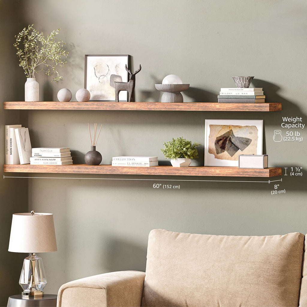 Floating Shelves for Wall, 60" Wood Wall Shelf Set of 2, with Invisible Brackets, 8" Deep, Rustic Brown