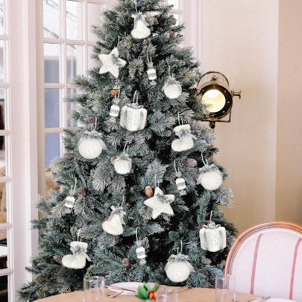 Set of 18 Faux Fur White Christmas Ornaments in Gift Box