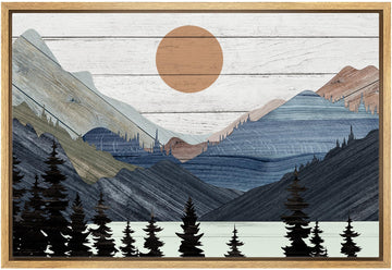 Framed Canvas Print Wall Art Blue Mountain Pine Forest Nature Wilderness Digital Art Wood Panel Landscape