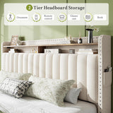 King Bed Frame with 2 Storage Drawers & Upholstered Headboard,No Box Spring Needed, Easy Assembly, Noise Free, Beige