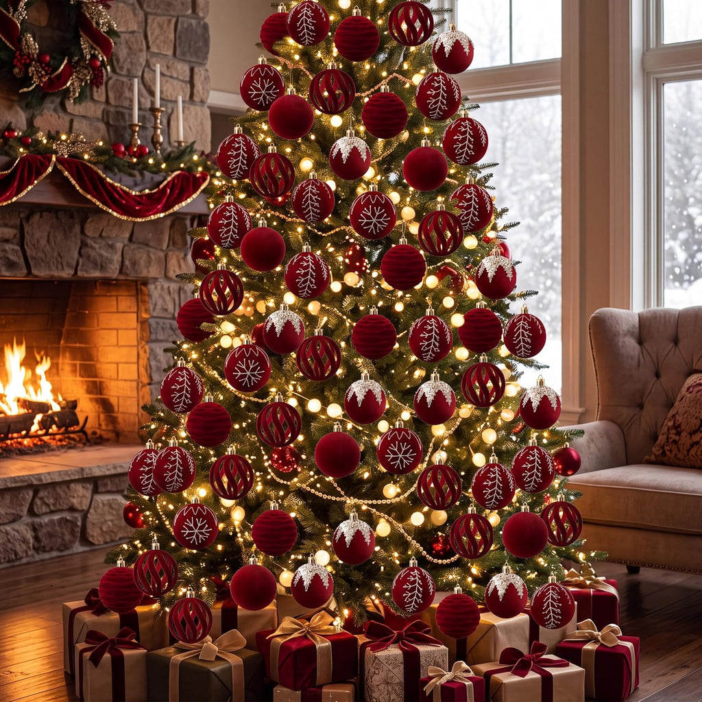 Burgundy Red Velvet Christmas Ball Ornaments Set - Set of 30
