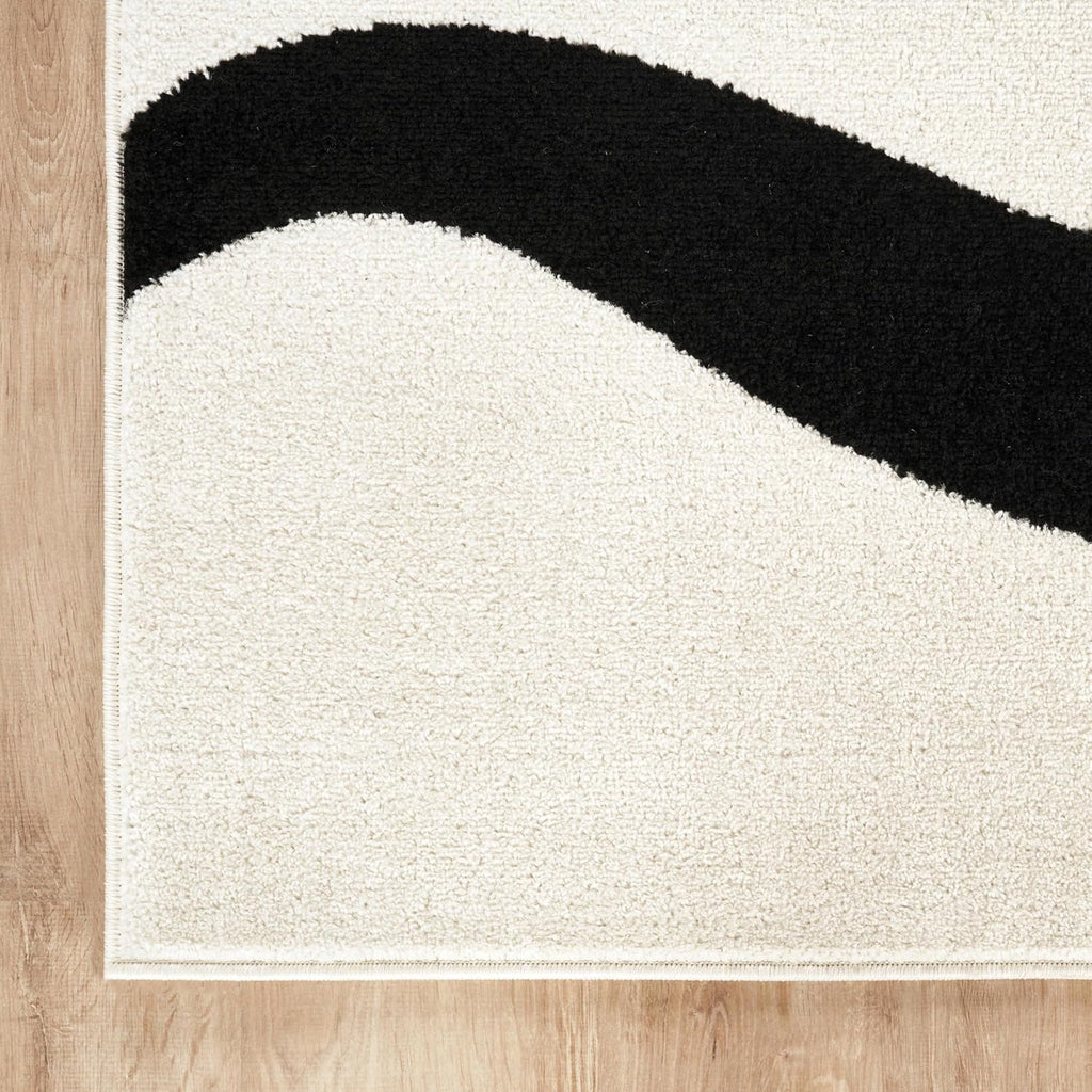 5x8 Black and Cream Area Rug | 5' x 8' White Abstract Swirl Wave Carpet | Beige/Ivory Geometric Wave Design |
