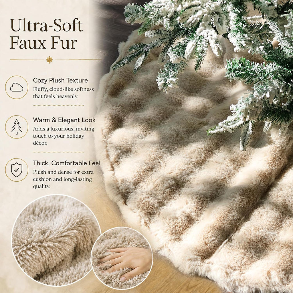 Christmas Tree Skirt 60 Inch, Light Khaki Faux Fur Tree Skirt Puff Quilt Fluffy Tree Decorations, Soft Plush Tree