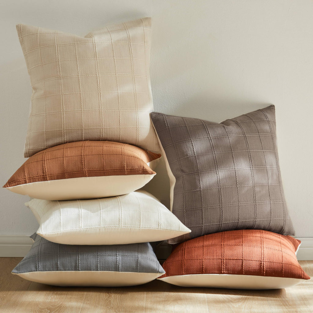 Linen Checked Throw Pillow Covers Set of 2, 24x24 Inch Cocoa Brown/Cream, Farmhouse Decorative Single Sided Grid