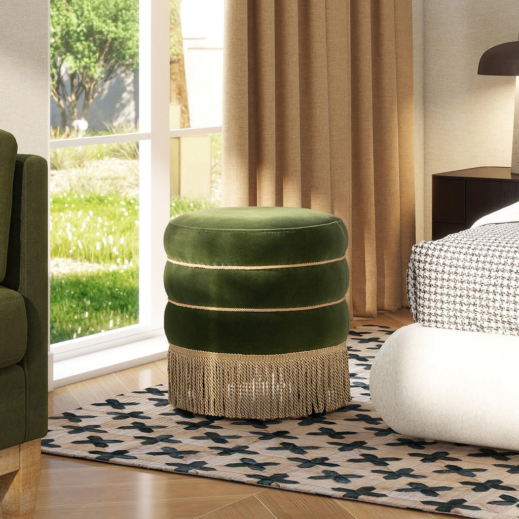 Edward 17.5" Round Upholstered Ottoman with Bullion Fringe, Olive Green Performance Velvet
