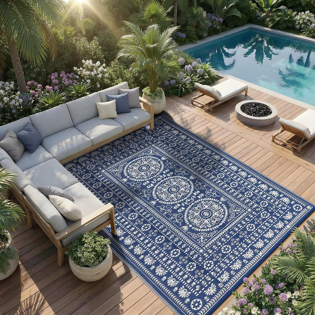 Reversible Outdoor Rug 6x9, Waterproof Outdoor Area Rug, Modern Medallion Indoor Outdoor Rugs, Plastic Straw Rug for