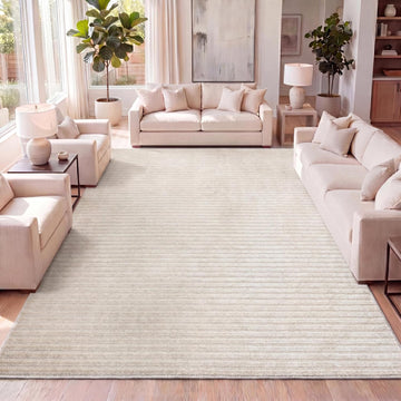 Aarhus High-Low Striped Ivory/Cream Indoor/Outdoor Area Rug 8x10, Minimalist Geometric, Classic, Farmhouse, Cottage