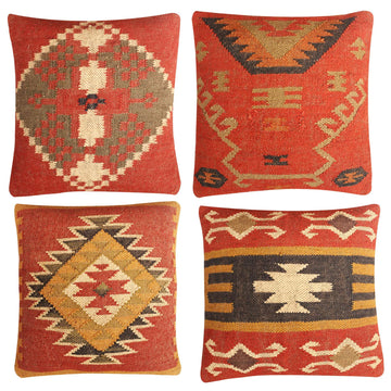 Set of 4 Wool Jute Vintage Kilim Cushion Covers, Home Decor Pillowcases Handwoven Turkish Pillow Decorative Throw