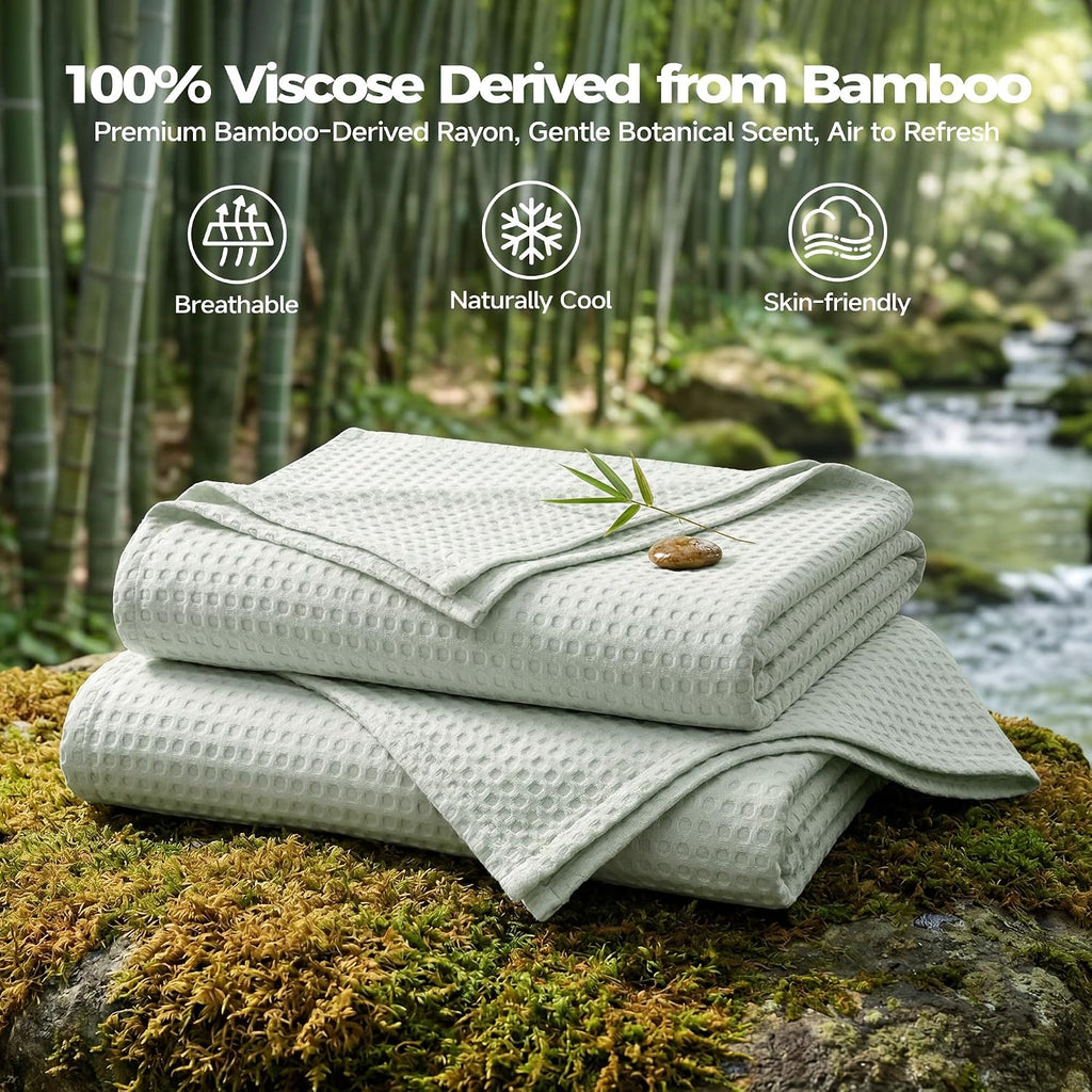 Cooling Waffle Blanket for Bed, Twin Size 60" x 90", Green | 100% Rayon Derived from Bamboo, Lightweight Breathable