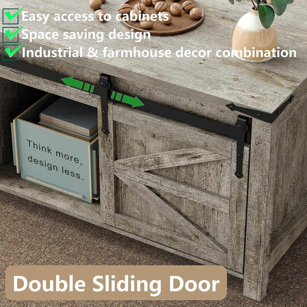 Lift Top Coffee Table, 47.3'' Farmhouse Coffee Table with Large Hidden Storage Compartment & Sliding Barn Doors