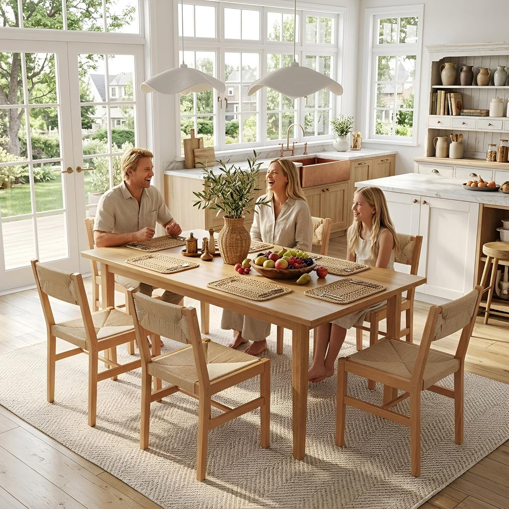 Mid Century Modern Rattan Dining Chairs Set of 6, Natural Beechwood Kitchen Chairs Farmhouse Woven Dining Room Chairs