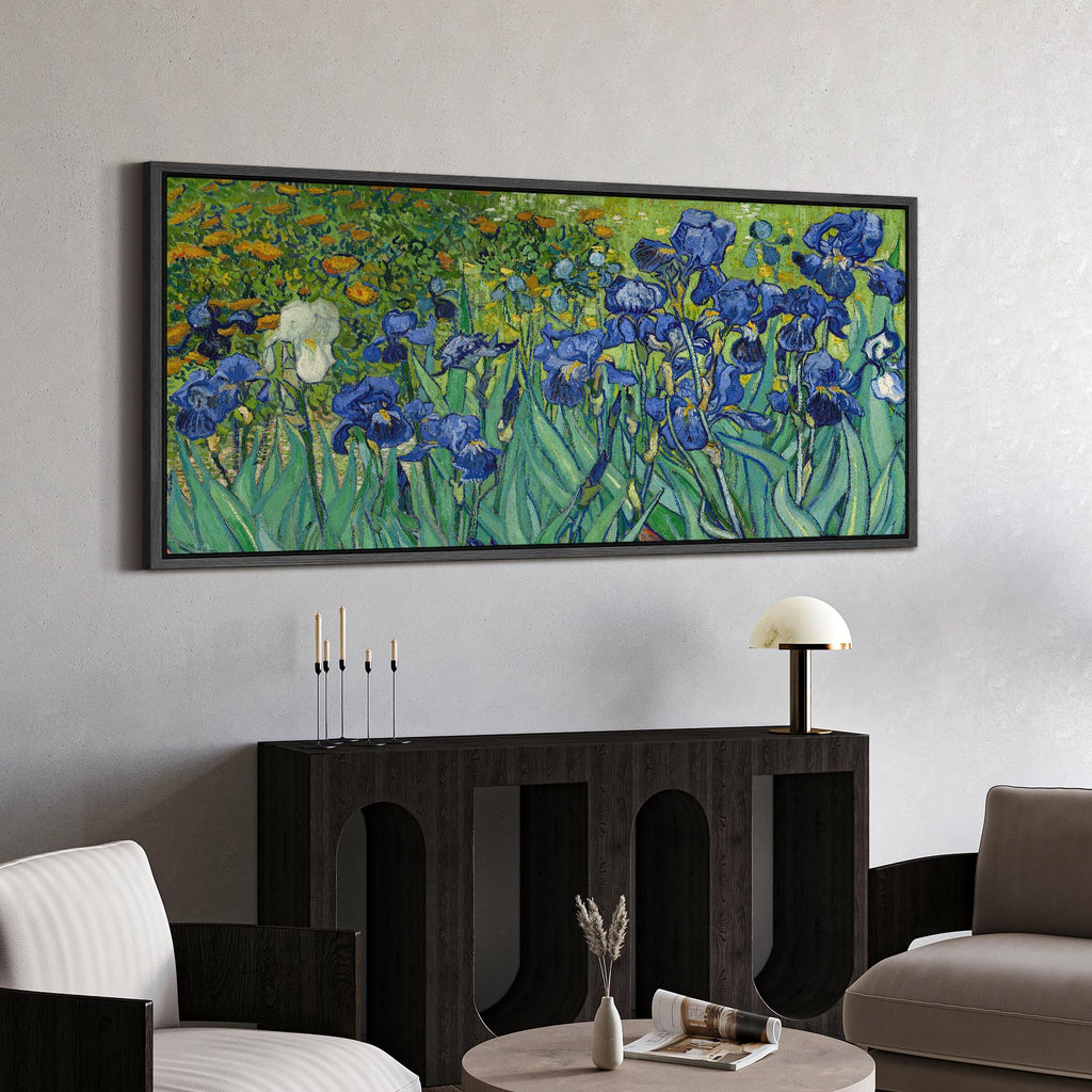 Extra Large Framed Canvas Print Wall Art Blue Irises Garden Van Gogh Inspired Floral Retro Fine Art Illustrations
