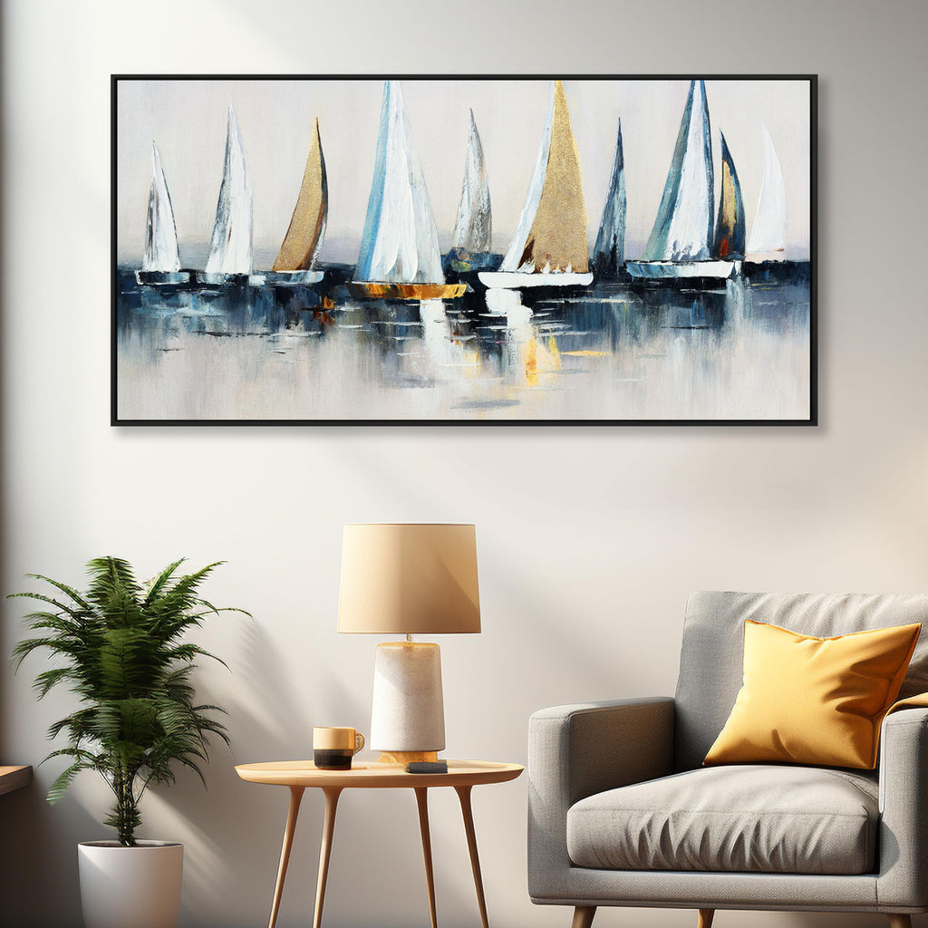 Abstract Wall Art Blue and White Sailboat Wall Paintings Framed Artwork Bedroom Bathroom Office Home Decor Can Be