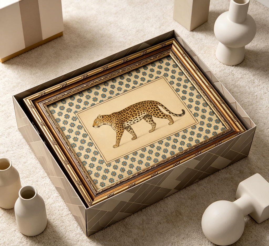 Vintage Gold Framed Leopard Wall Art, Antique Botanical Animal Canvas Print, Floral Pattern Background Wall Decor