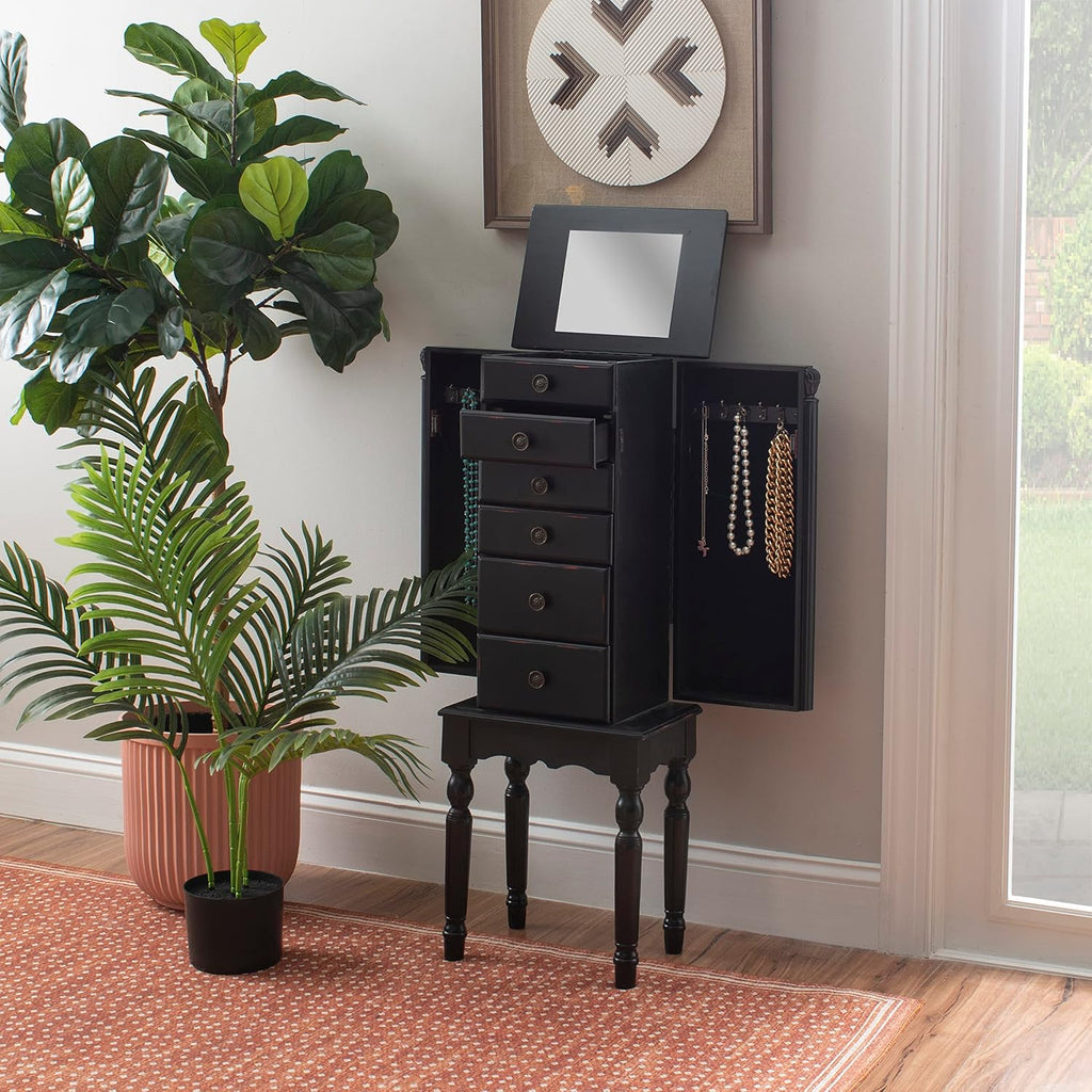 Ebony Jewelry Armoire, Distressed Ebony Black; Black Lining