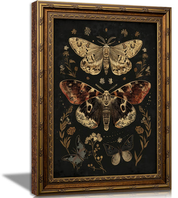 Vintage Gold Framed Wall Art, Retro Moth Framed Wall Art, Dark Botanical Butterfly Canvas Print, Gothic Floral Wall