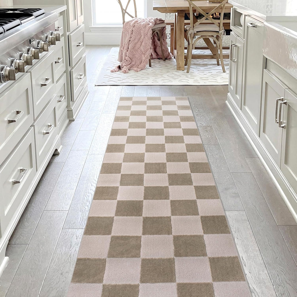Checkerboard High-Low Runner Rug 2X8 Beige/Cream, Thea Modern Geometric, Easy-Cleaning, High Traffic, Pet-Friendly