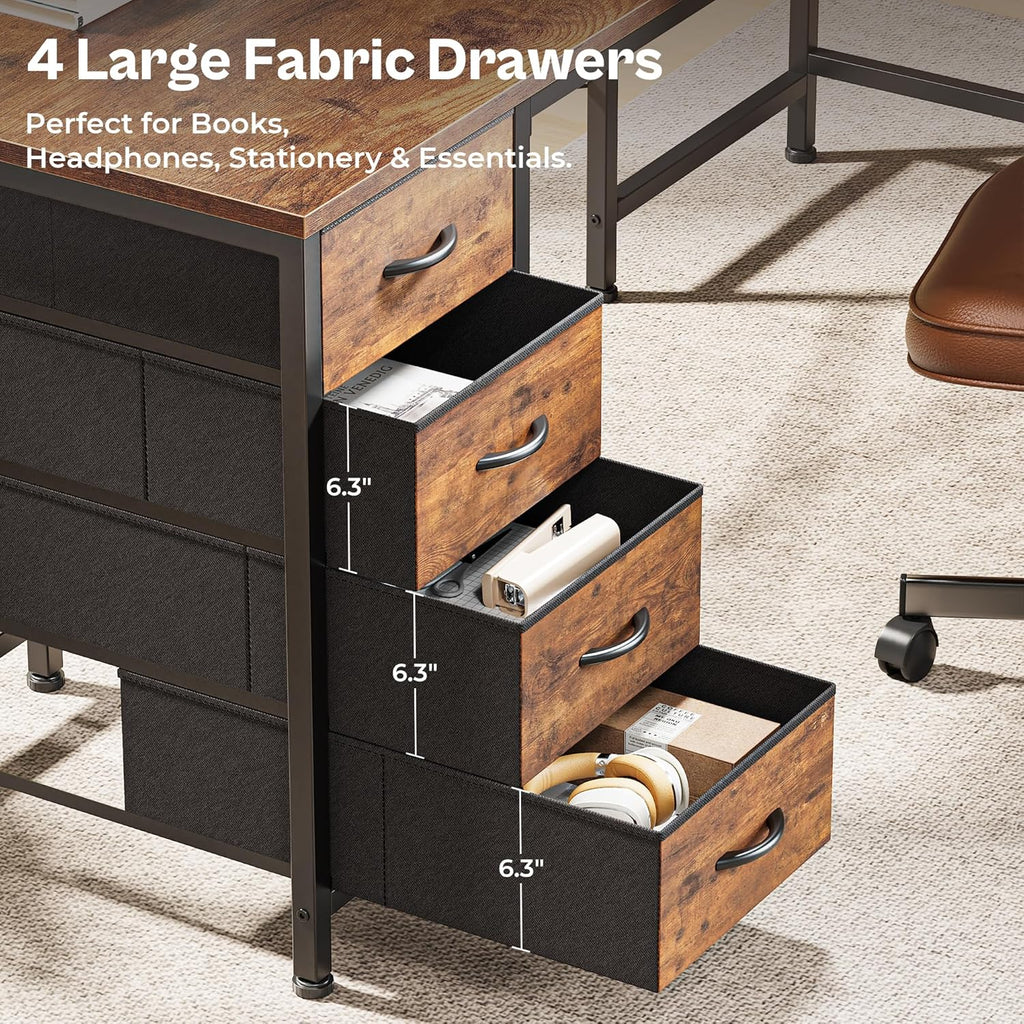 63 Inch L Shaped Desk with Fabric Drawers, Computer Office Desk with Power Outlets and USB-C Port