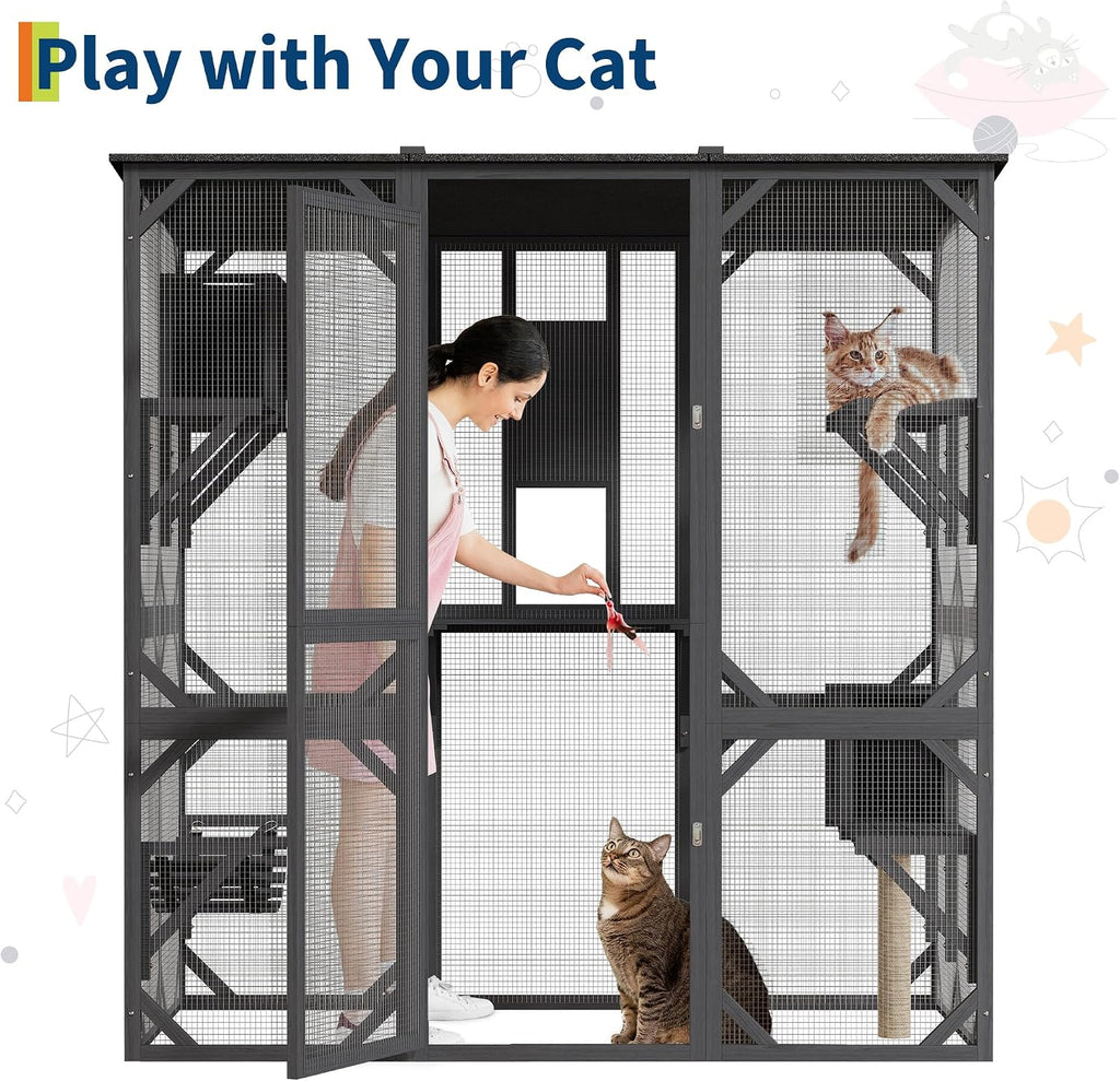 70" Outdoor Catio Cat Enclosure for Cats, Walk-in Wooden House with Roof