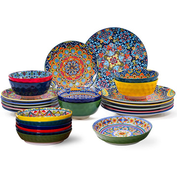 24 Pieces Dinnerware Sets, Ceramic Plates and Bowls Set, Microwave and Dishwasher Safe, Scratch Resistant, Bohemian