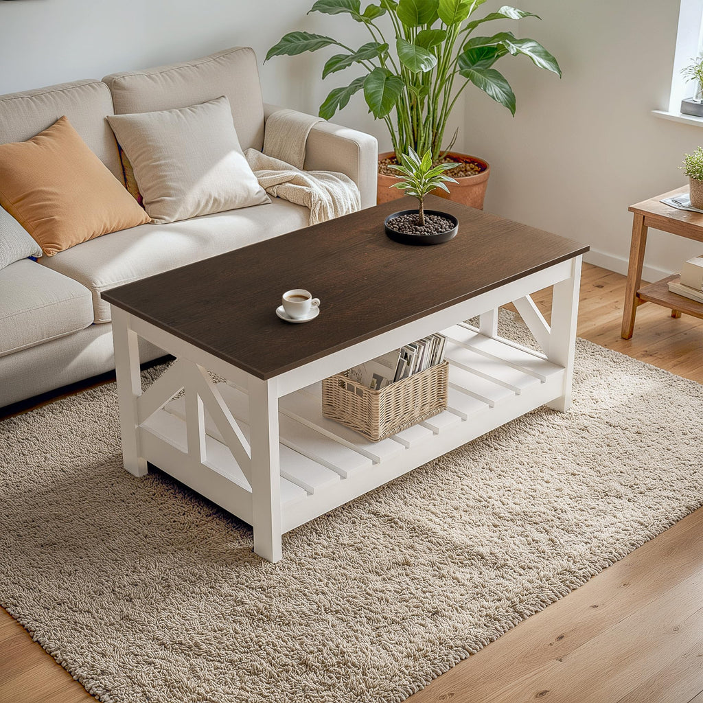 Farmhouse Coffee Table with Storage, Brown and White