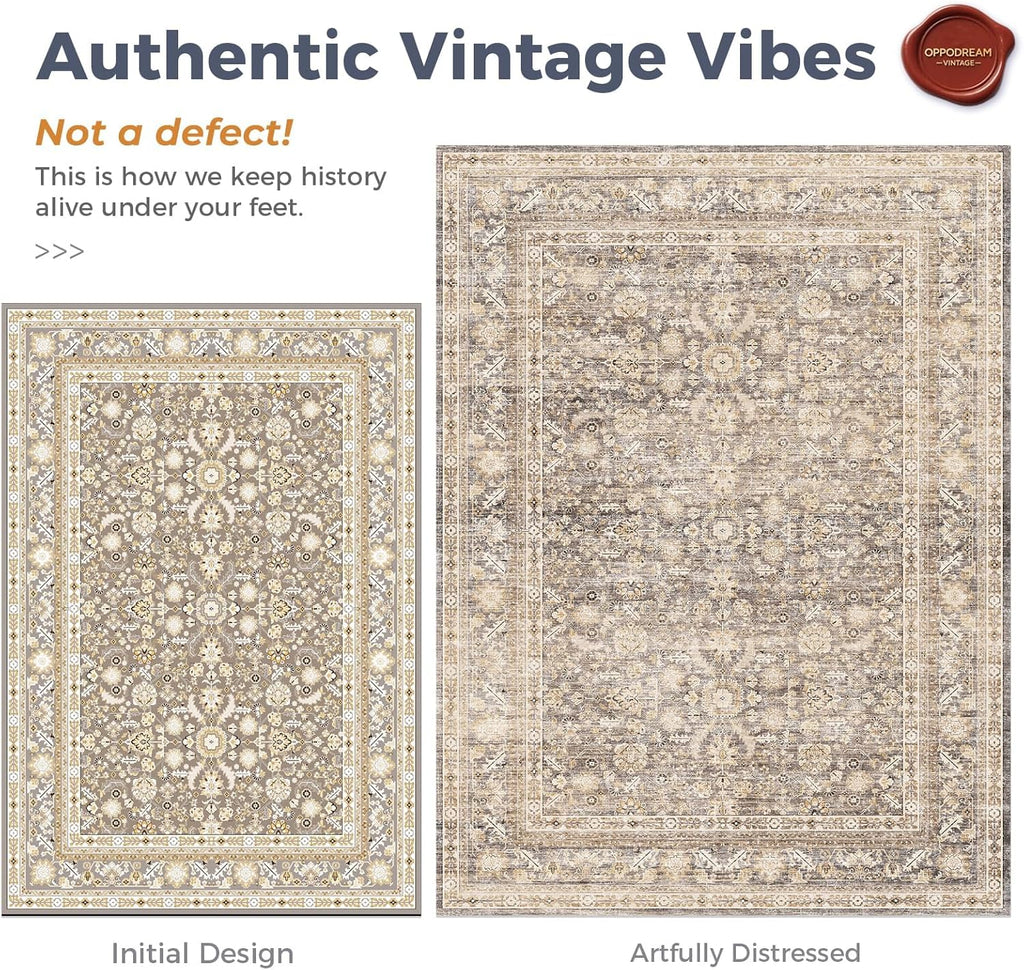 Vintage Beige Round Rug 6ft, 6 ft Retro Washable Circle Rug Non Slip, Low-Pile Faux Wool Circular Ca
