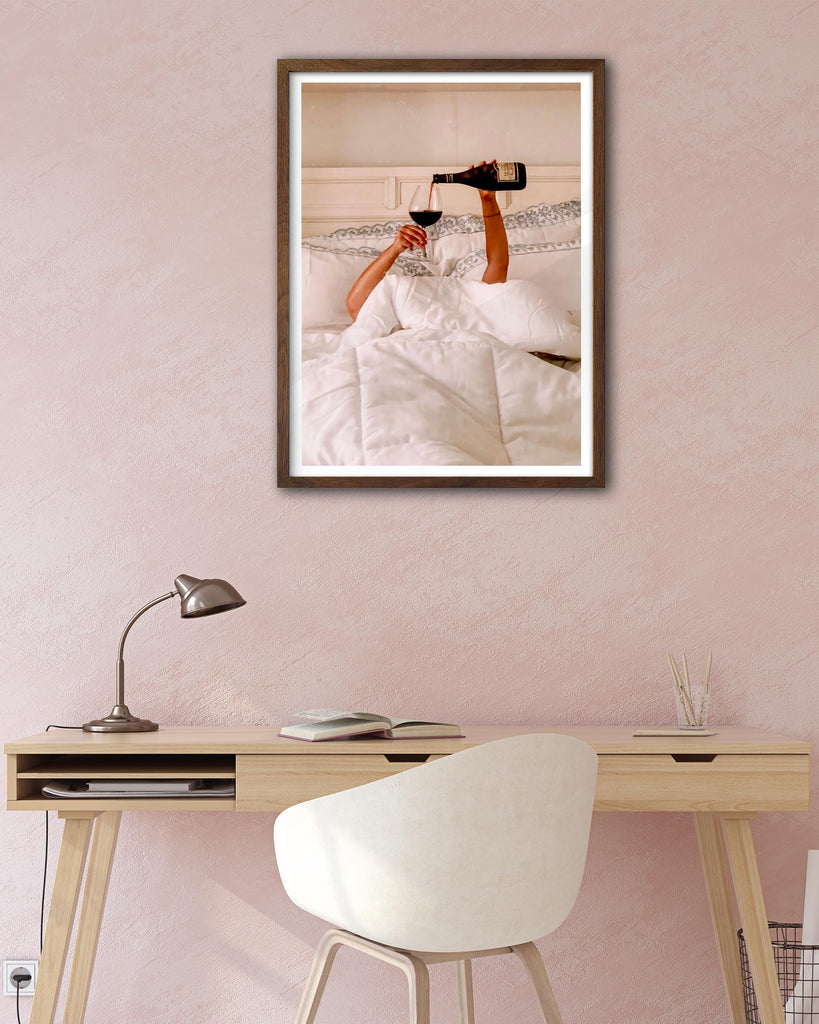 12x16 in Woman Drinking Wine in Bed Framed Wall Art