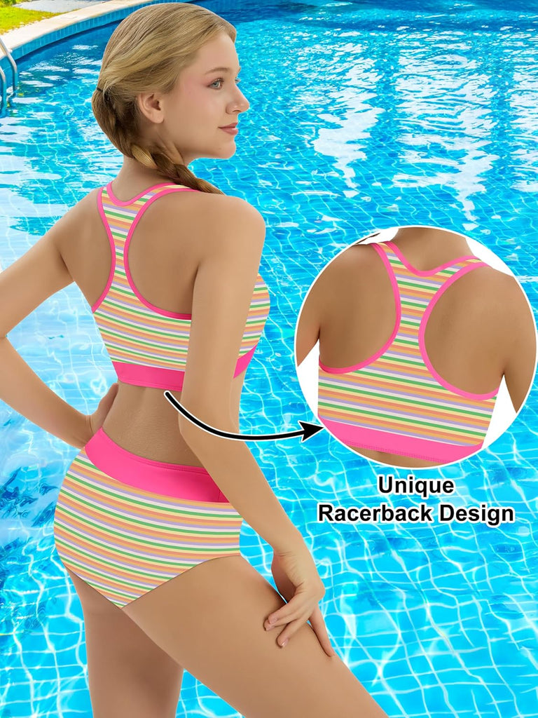 Girls Swimsuit Color-Block High Waist Sporty Sets Girls Two Piece Bathing Suit with Chest Pad Swimwear