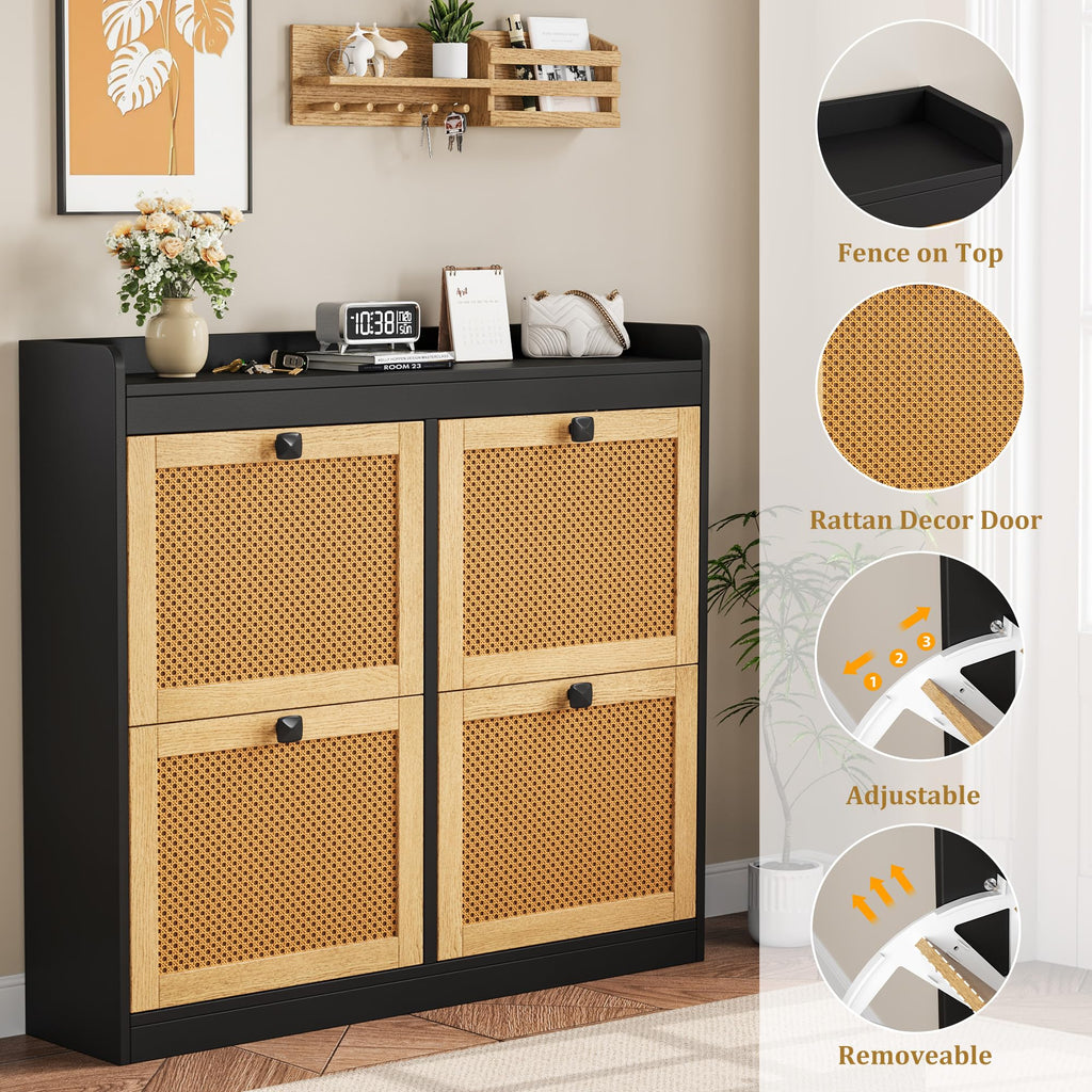 Shoe Storage Cabinet with 4 Deep Flip Drawers, Wood Shoe Cabinet with Rattan Doors and Adjustable Shelves