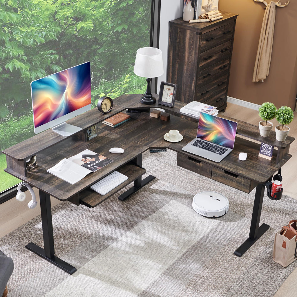 Electric L Shaped Standing Desk, 60" Motor Height Adjustable Sit Stand Corner Desk with Led, Large Home Office Desk