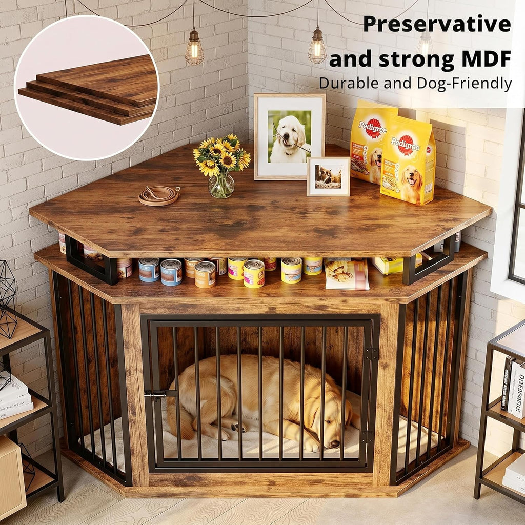 Large Corner Dog Crate Furniture with 2-Tier Storage Shelves