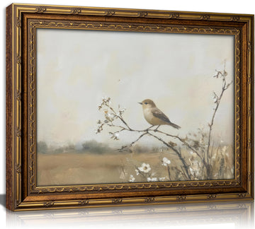 Vintage Gold Framed Bird Wall Art Spring Songbird on Floral Branch Painting Canvas Rustic Nature Woodland Picture