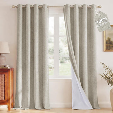 100% Blackout Linen Beige Curtains 96 inches Long, White Liner Composite Grommet Thermal Drapes Casual Home Decor
