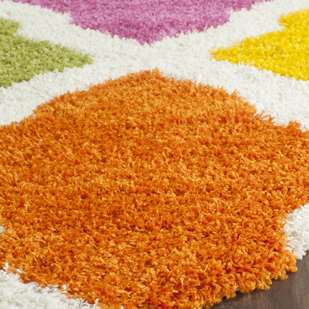 Kids Shag Collection Area Rug - 6'7" Square, Ivory & Multi, Rainbow Trellis Design, Non-Shedding & Easy Care, 2-inch