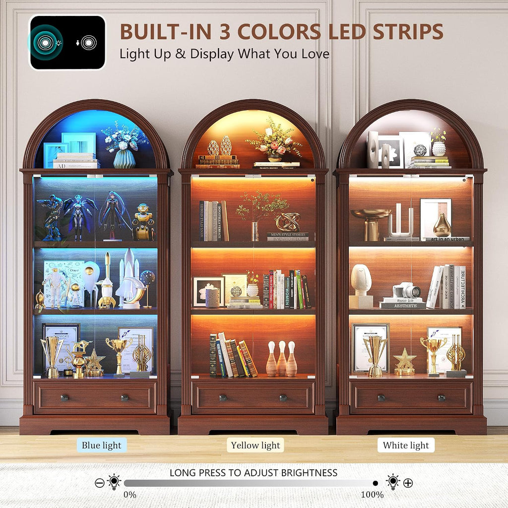 Curio Cabinet with Glass Doors & LED Lights | 72" Tall, Arched Display Cabinet, Human Sensor Lights, 4-Tier Large