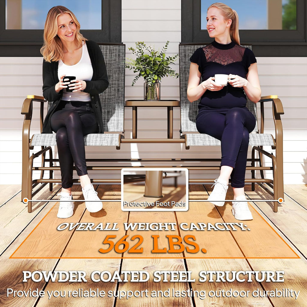 2 Person Outdoor Glider Bench Breathable Mesh Gray | Patio Swing Glider Chair Loveseat, Table, Steel Frame, Garden
