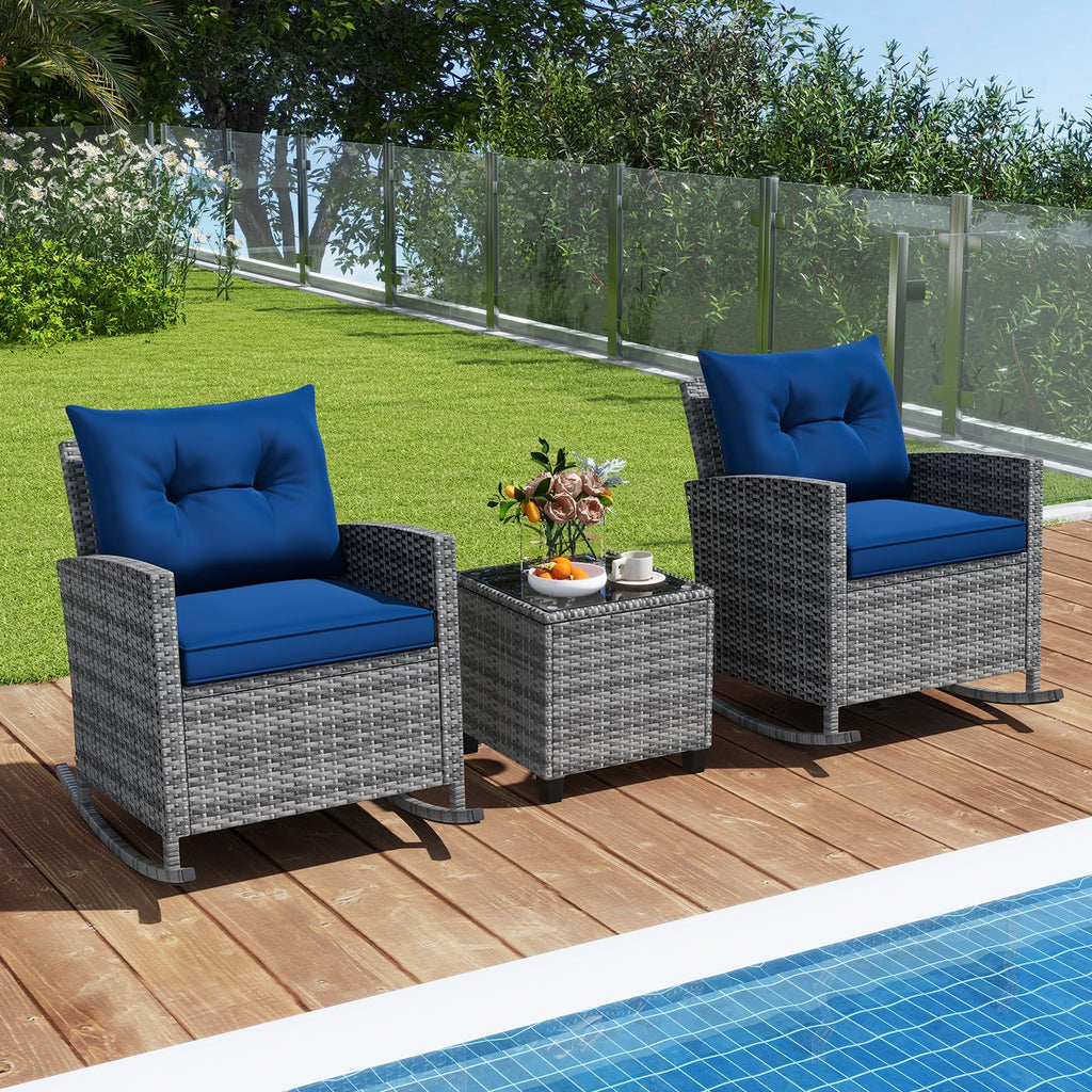 3 Piece Wicker Rocking Set, Patio Rattan Roker Chairs with Tempered Glass Table & Soft Cushions, Outdoor Furniture