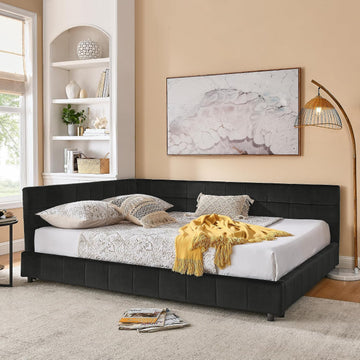 Queen Size Upholstered Corner Daybed, Modern L-Shaped Daybed with Tufted Backrest, Velvet Corner Bed Floor Bed Frame