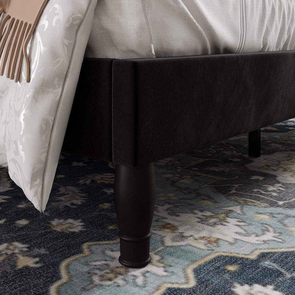 Full Bed Frame with Adjustable Velvet Tiara Headboard, Upholstered Diamond Button Tufted Platform Bed
