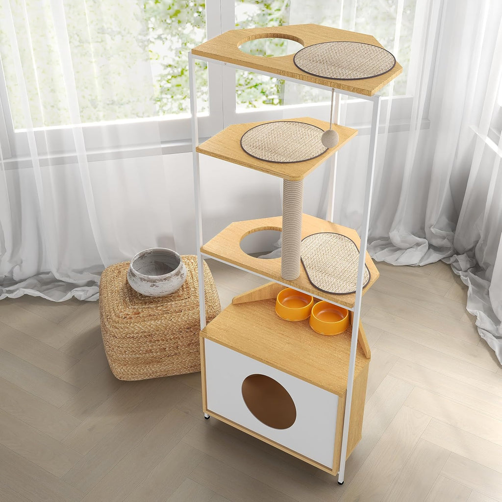 Corner Cat Tree Cat Tower Cat Condo Cat House Furniture, White + Light Oak