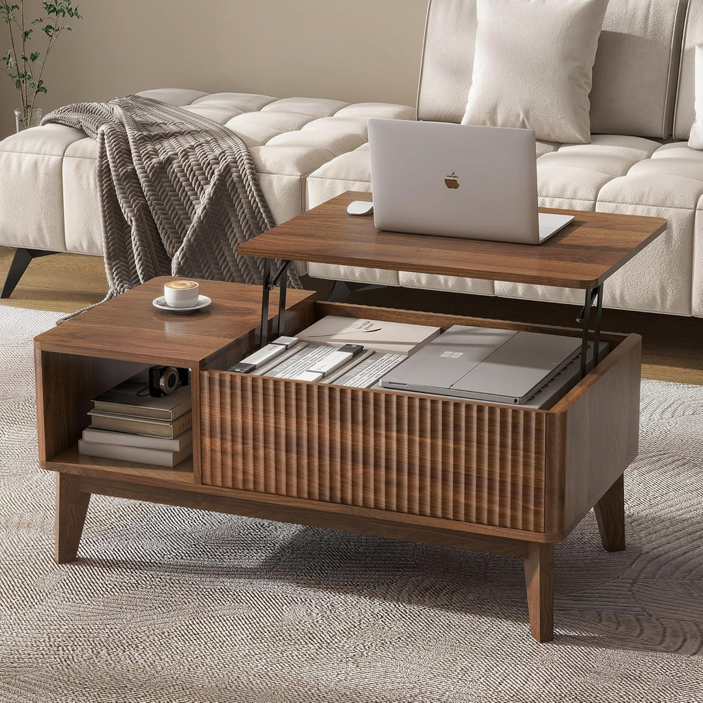 Fluted Lift Top Coffee Table with Storage, Modern Coffee Table（Walnut）