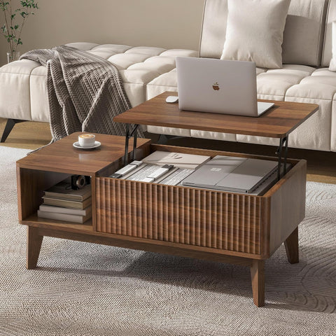 Fluted Lift Top Coffee Table with Storage, Modern Coffee Table（Walnut）