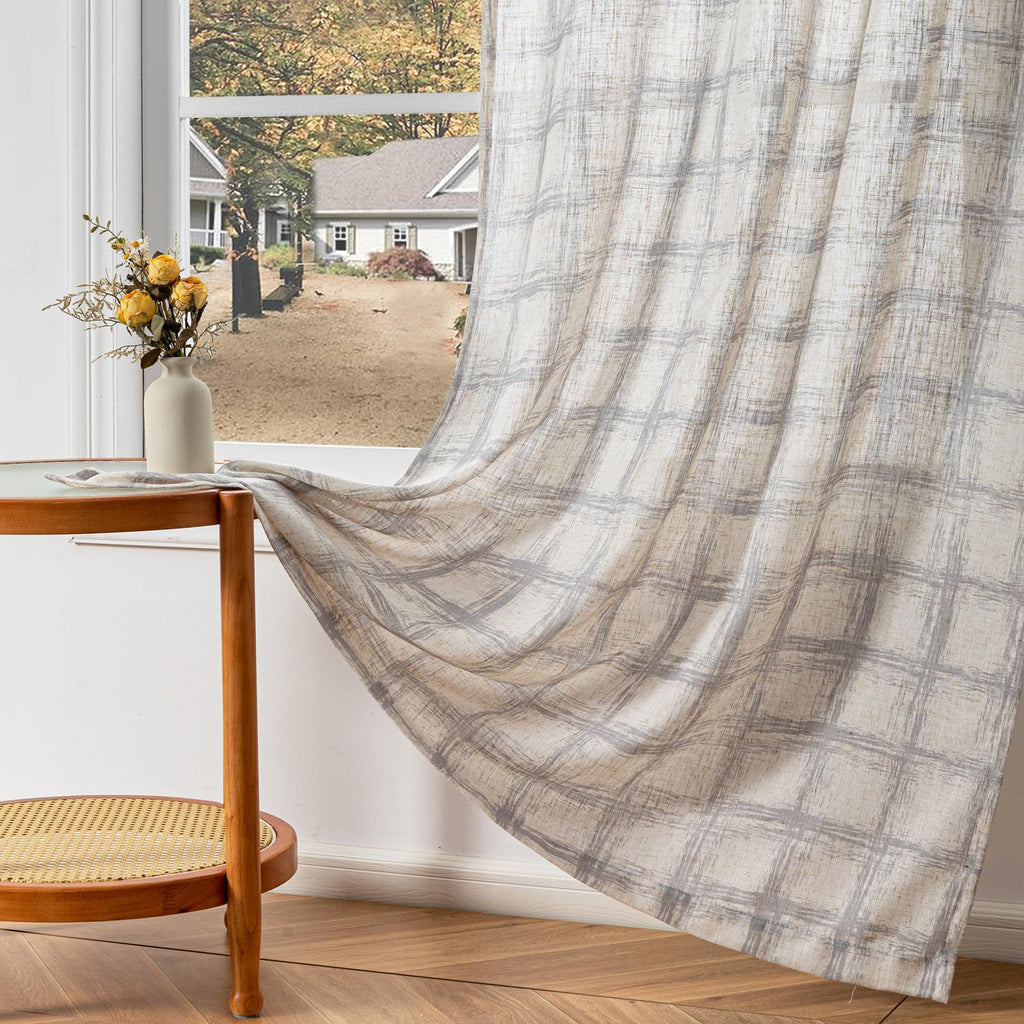 Grey Plaid Linen Curtains 63 Inches 2 Panels