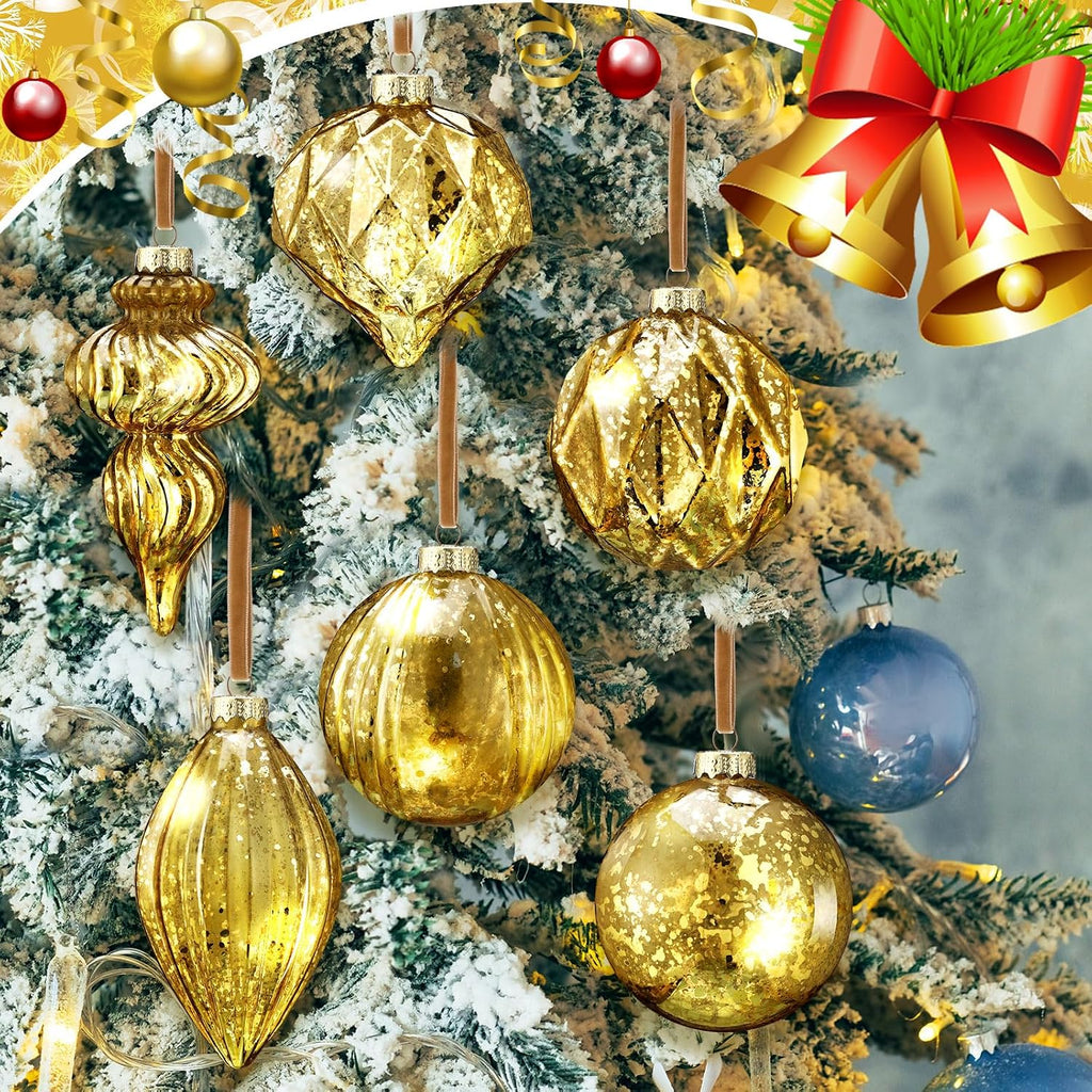 6 Pcs Gold Mercury Glass Christmas Ornaments Balls and Finials
