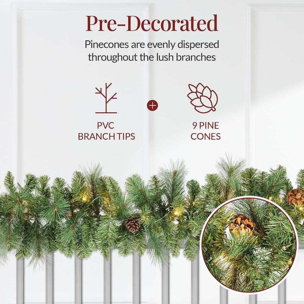 9ft Pre-Lit Christmas Garland Holiday Décor for Stairs, Mantel, w/Pine Cones, 2-in-1 White & Multi LED Lights