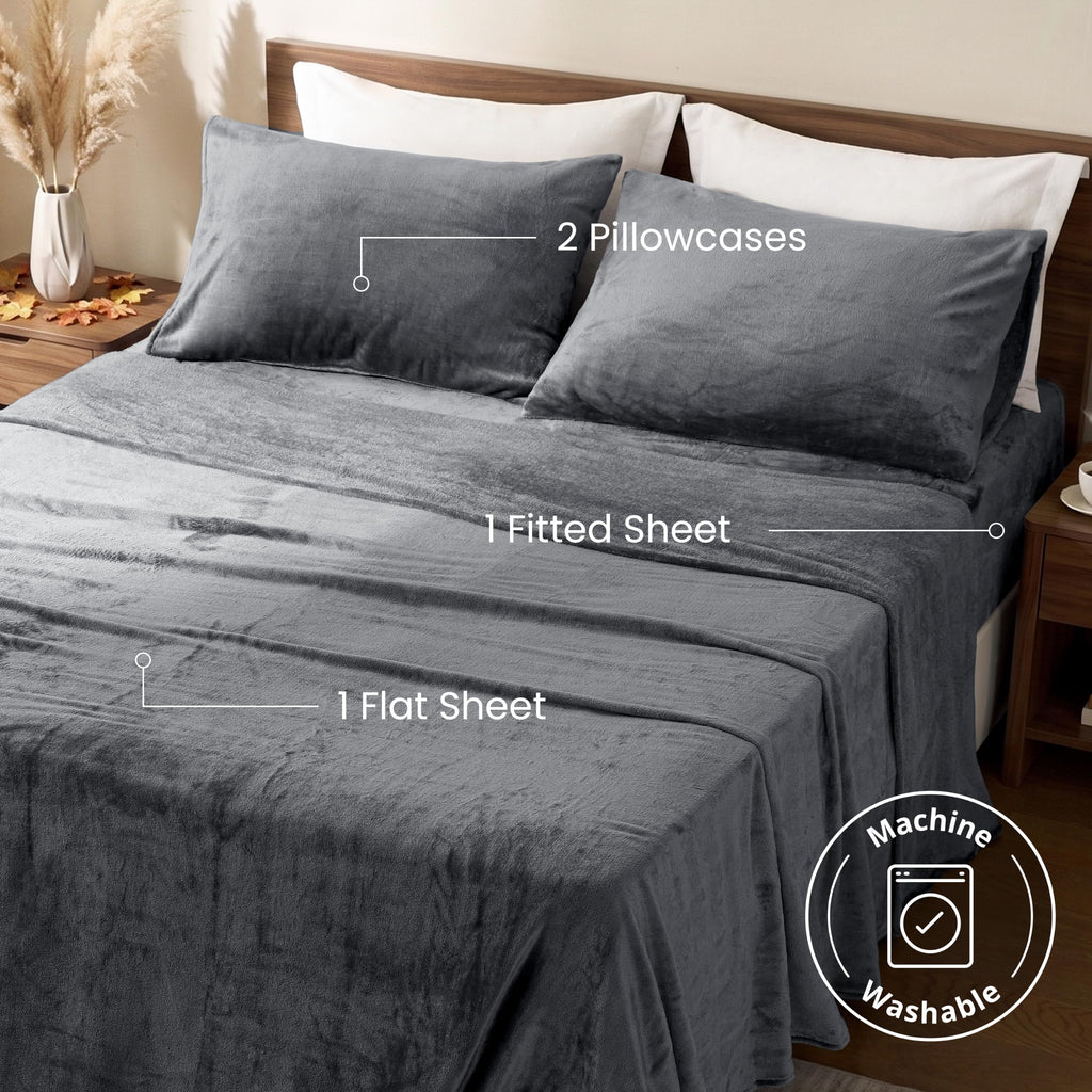Flannel Sheets Set, Grey, 4 Pieces, 15" Deep Pocket