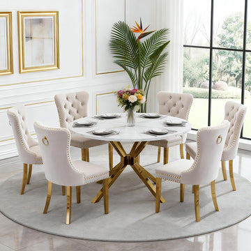 47.2" Round Dining Table Set for 6, White Faux Marble Kitchen Table & 6 Beige Velvet Chairs with Gold Stainless Steel