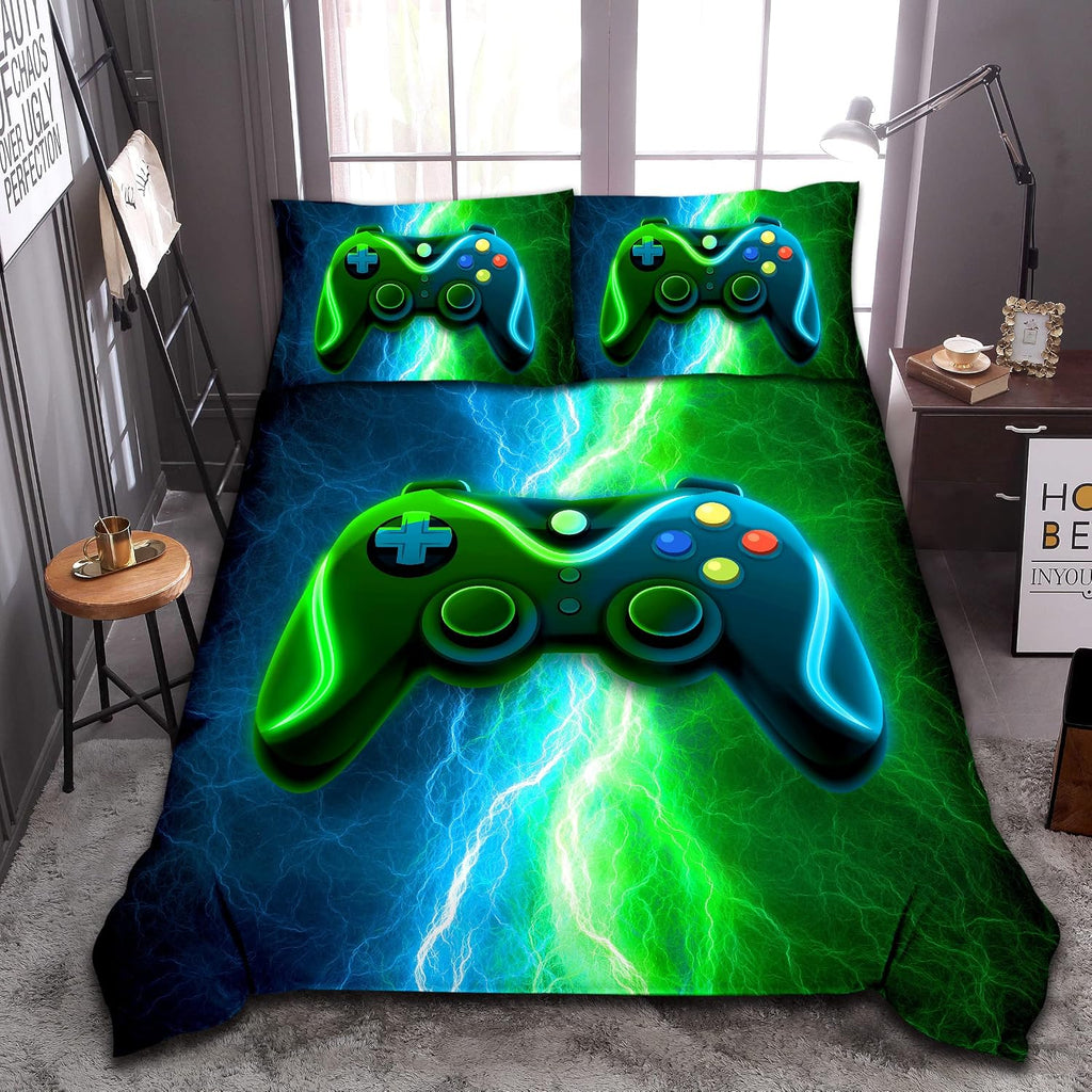 Gamer Gaming Bedding Sets Red Blue Lightnings Gamepad Comforter Set for Boys Games Console Action Buttons Novelty