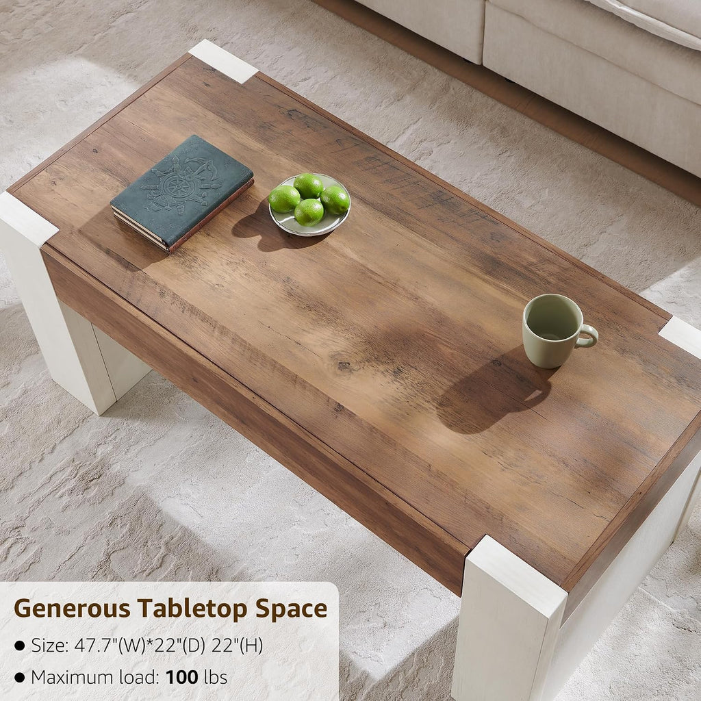 48" Modern Farmhouse Coffee Table, Wooden Living Room Table with Hidden Storage Drawer