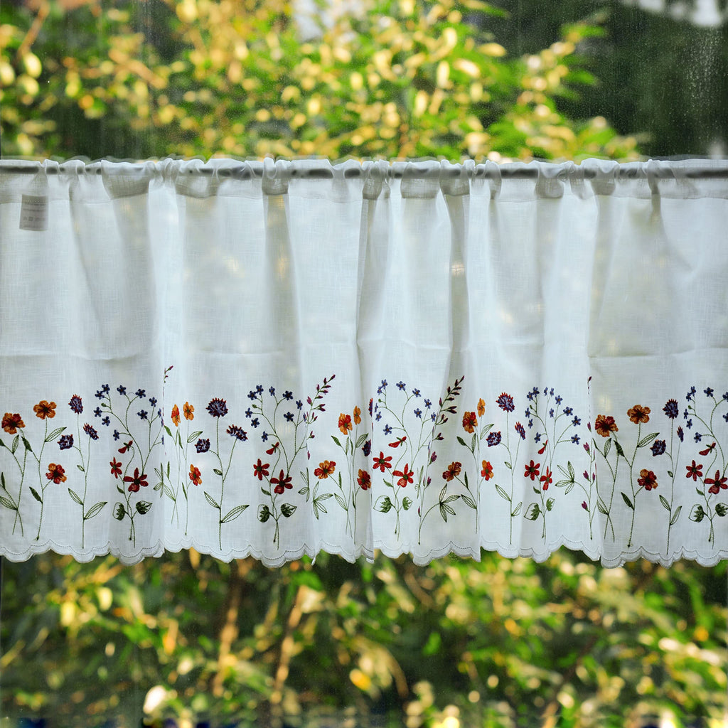 027 Floral Embroidery Pastoral Style Valance, White Sheer Flowers Valances, Window Treatment, W60XL18 inch (Wild